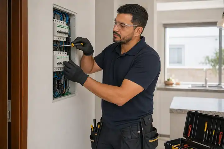 Eletricista realizando manutenção em quadro e disjuntores em Palhoça.